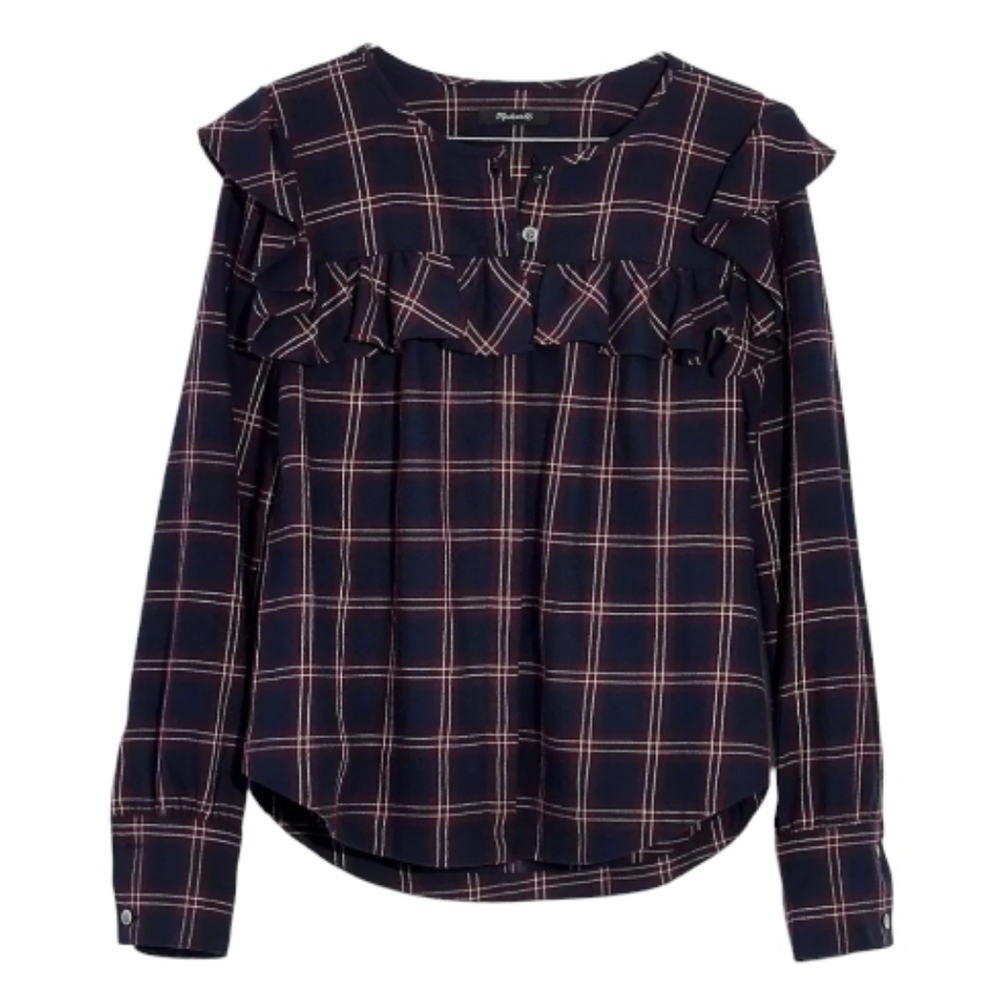 XL Madewell 100% Cotton Berkshire Plaid Ruffle Yoke Button Down Long Sleeve - Picture 4 of 8